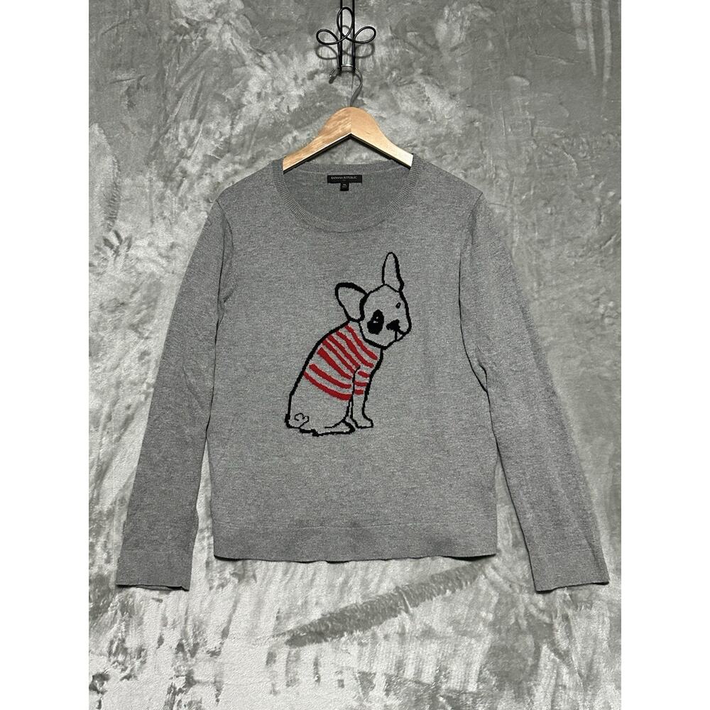 Banana Republic French Bulldog Novelty Crewneck Sweater Womens Size XL Gray Twee